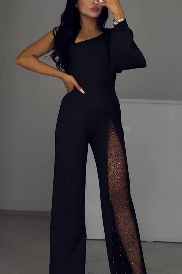Fashionable Oblique Shoulder One-sleeve Sexy High Slit Slim Jumpsuit-consonak