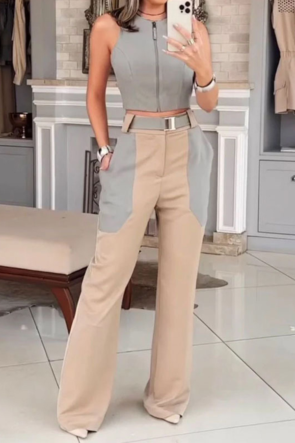 Street Wear Front Zipper Backless Tank and Color Block Belted Pocket Pants Set-consonak