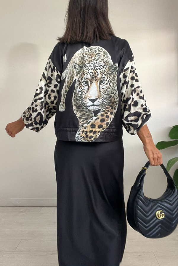 Shiloh Leopard Unique Print Zipper Drawstring Hem Bomber Jacket-consonak