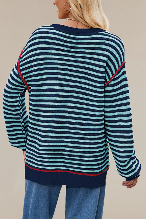 Striped Knit Loose-fitting Crew Neck Long-sleeved Casual Sweater-consonak