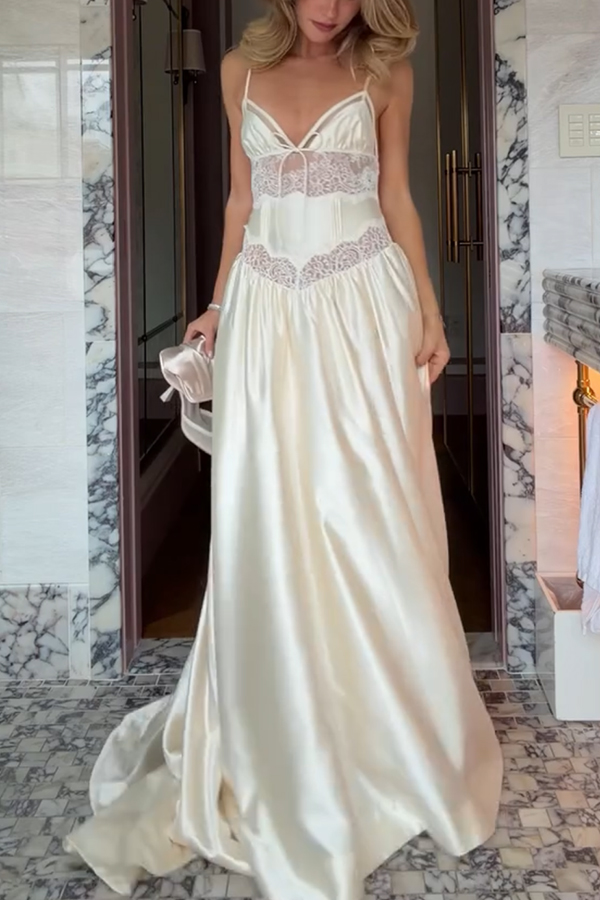 Delicate and Exquisite Satin Lace Patchwork Slip Bridal Gown Maxi Dress