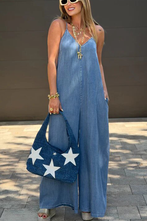 Favorite Fit Denim Back Cross Slip Pocket Wide Leg Jumpsuit