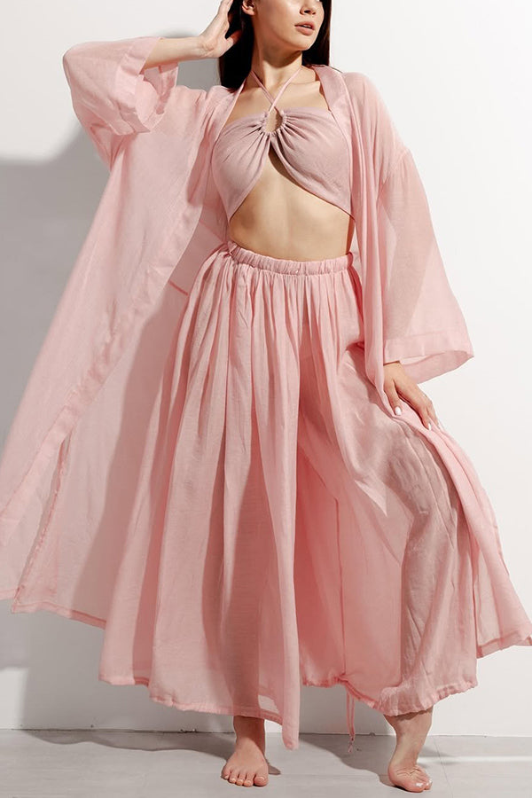 Flowy Linen Blend Halter Tank & Elastic Waist Tie-up Wide Leg Pants & Kimono Cover-Ups 3pieces Set
