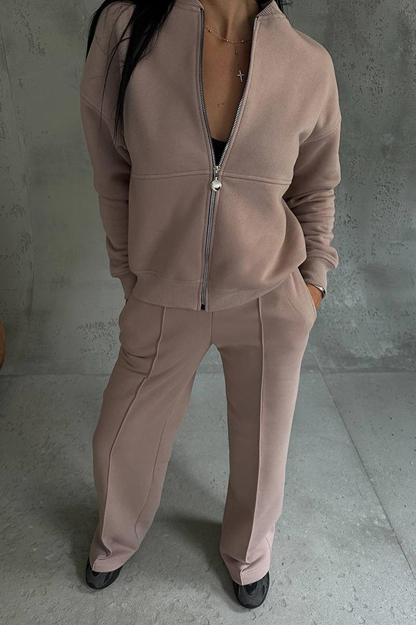 Solid Color Casual Long Sleeve Zipper Jacket and Elastic Waist Pocket Wide Leg Pants Set-consonak