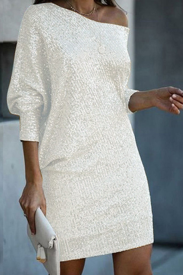 Solid Sequined Off-shoulder Loose Mini Dress-consonak