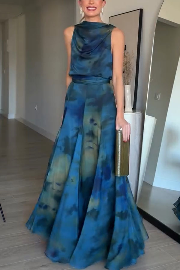 Ione Chiffon Ombré Print Cowl Neck Top and High Rise Maxi Skirt Set with Scarf