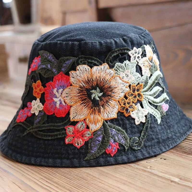 Fashionable Ethnic Style Embroidered Denim Bucket Hat-consonak