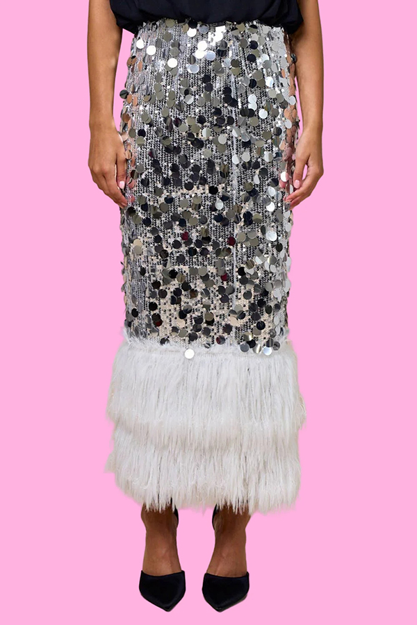 Playful Sparkling Large Sequin Faux Fur Tassel Hem Elastic Waist Maxi Skirt-consonak