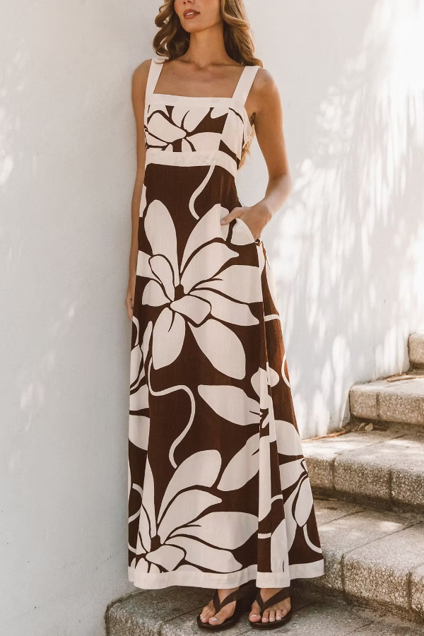 Color-blocked Floral Print Square Neck Sleeveless Casual Maxi Dress | Consonak