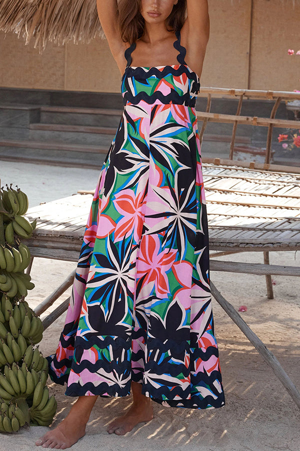 Vivi Floral Print Wavy Suspender Side Zip Maxi Dress-consonak
