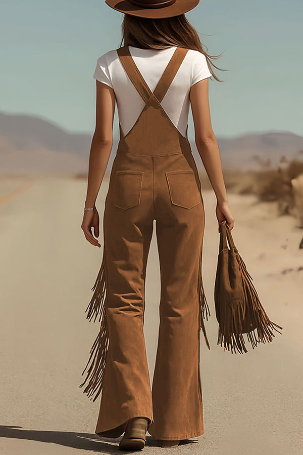 Stylish Suede Tassel Button Pocket Casual Wide-leg Overalls-consonak