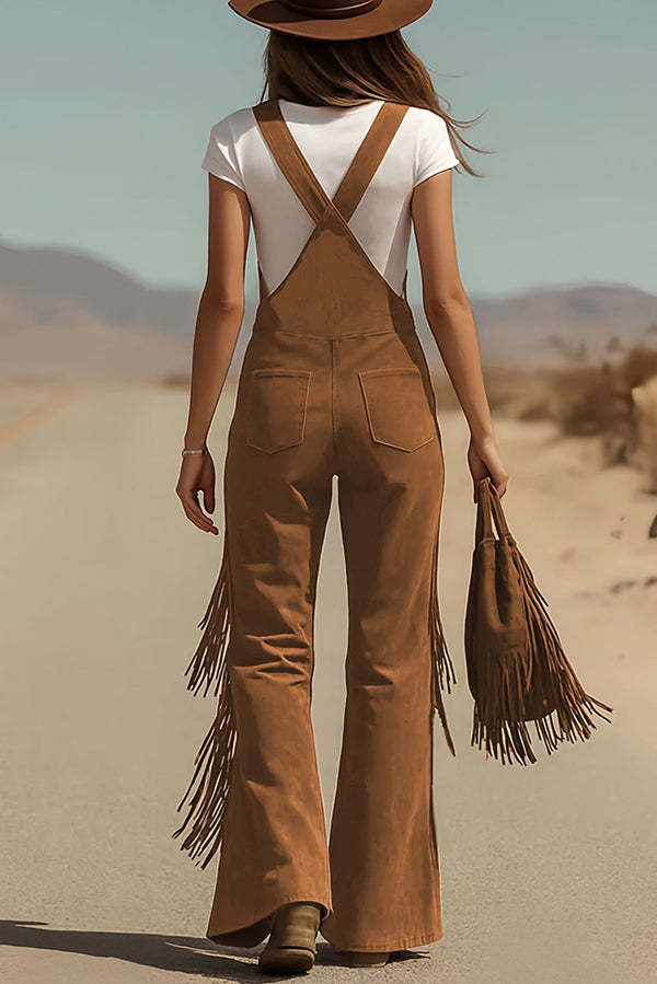 Stylish Suede Tassel Button Pocket Casual Wide-leg Overalls-consonak