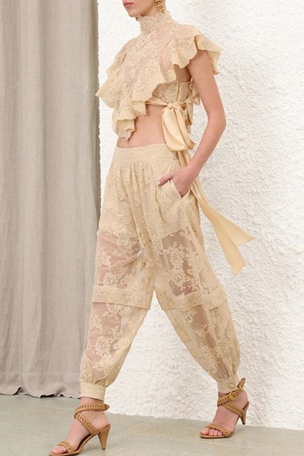 Salenia Lace Appliqué High Neck Side Tie-up Ruffle Cropped Top-consonak