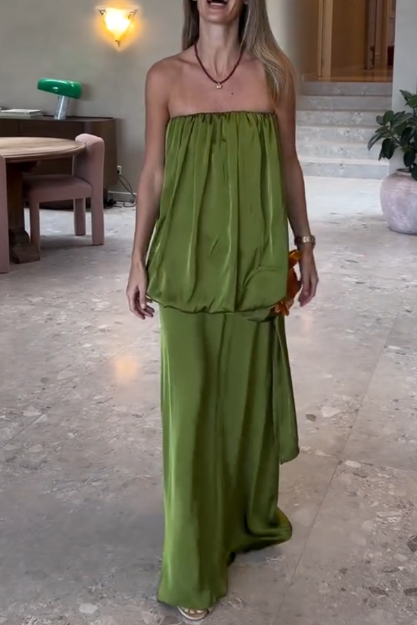 Simple Elegant Satin Voluminous Floral Detail Strapless Top and Elastic Waist Drape Maxi Skirt Set-consonak