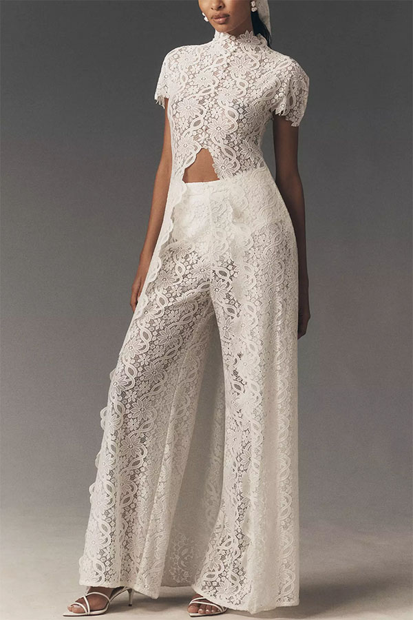 Elegance Avant-garde Floral Lace Short Sleeve High Low Top and High Rise Wide Leg Pants Set-Consonak