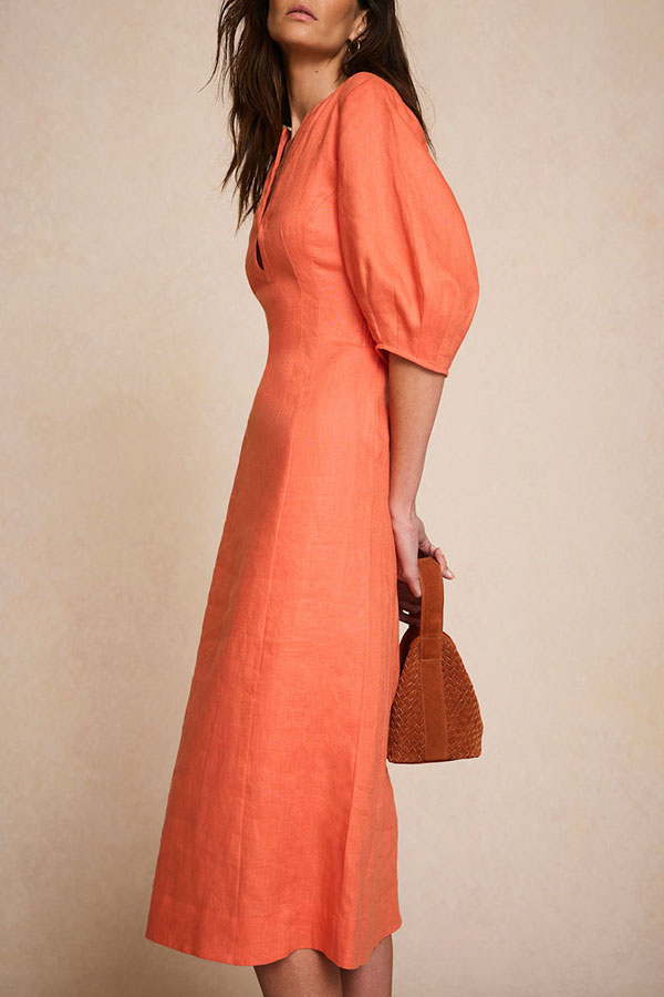 Verrah Linen Blend Key-hole Detail Neck Puff Half Sleeve Pocket Midi Dress