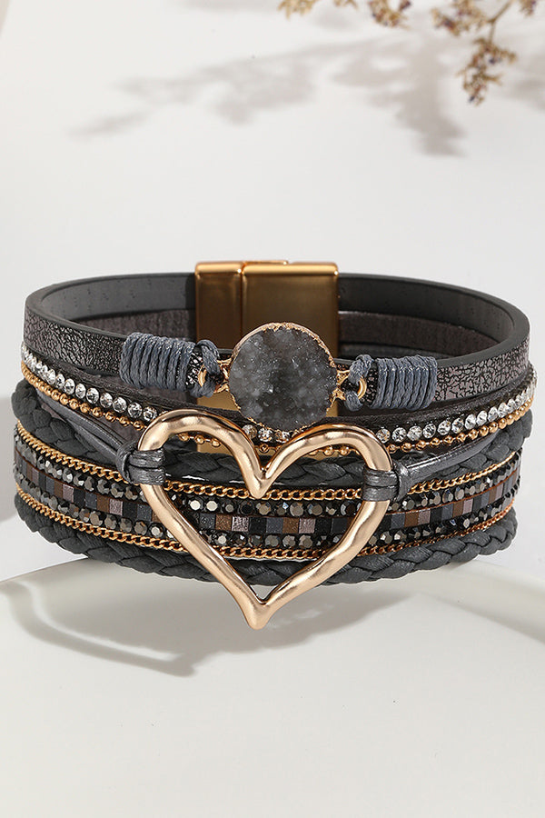 Bohemian Leather Cord Multi-layered Raw Stone Heart Bracelet | Consonak
