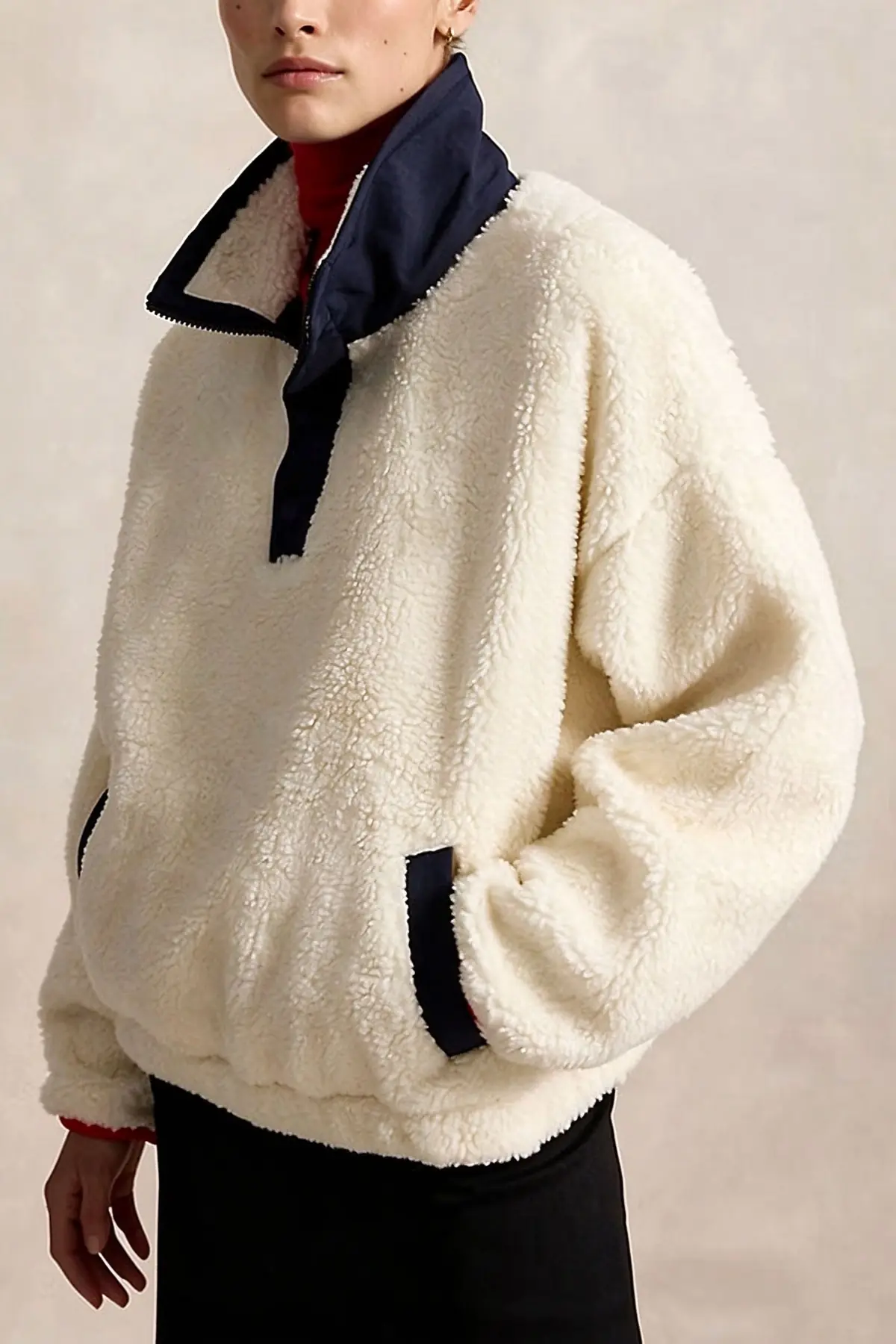 Cute Bear Print Colorblock High-Pile Fleece Zipper High Neck Long Sleeve Pocket Sweatshirts-Consonak