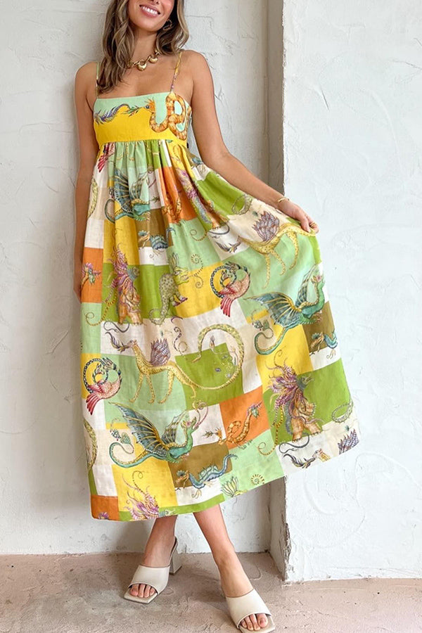 Dragon Family Printed Linen Blend Pocketed Back Knotted Midi Dress-consonak