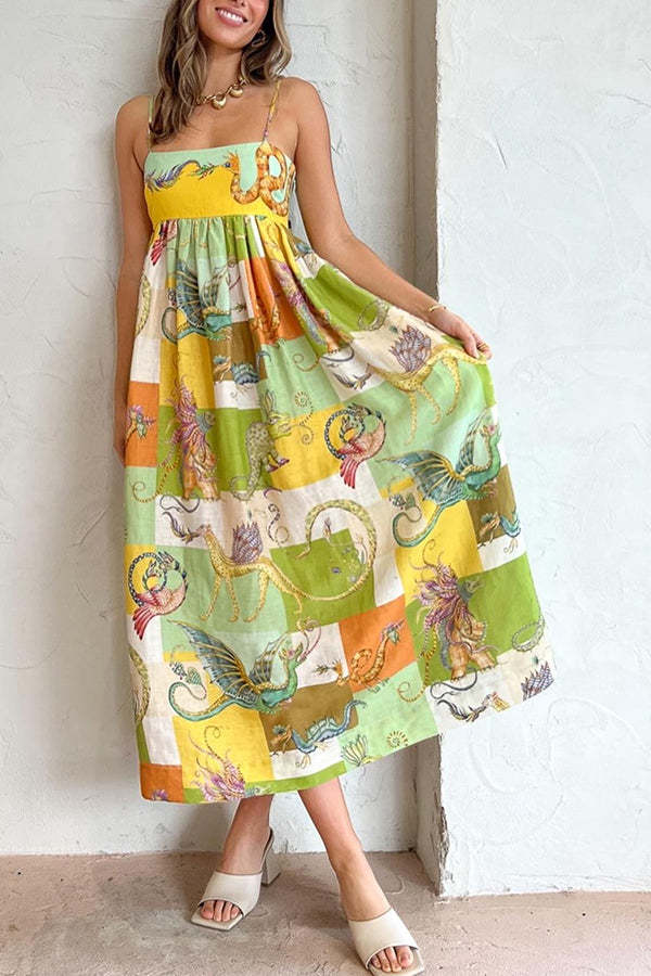 Dragon Family Printed Linen Blend Pocketed Back Knotted Midi Dress-consonak