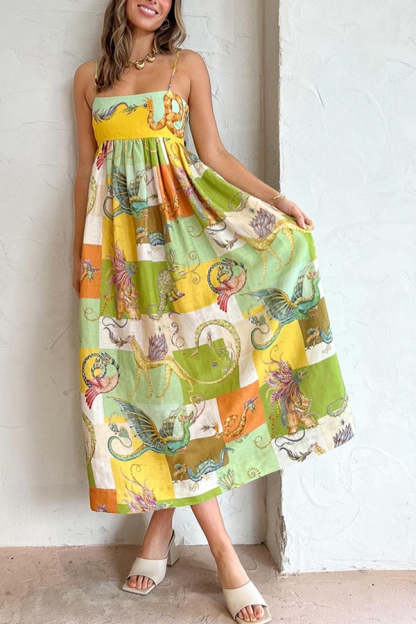 Dragon Family Printed Linen Blend Pocketed Back Knotted Midi Dress-consonak