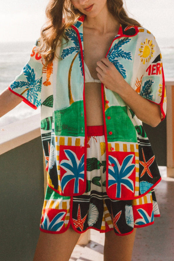 Linen Blend Summer-themed Printed Collared Short-Sleeve Loose-Fitting Shirt and Elastic Waist Casual Shorts Set