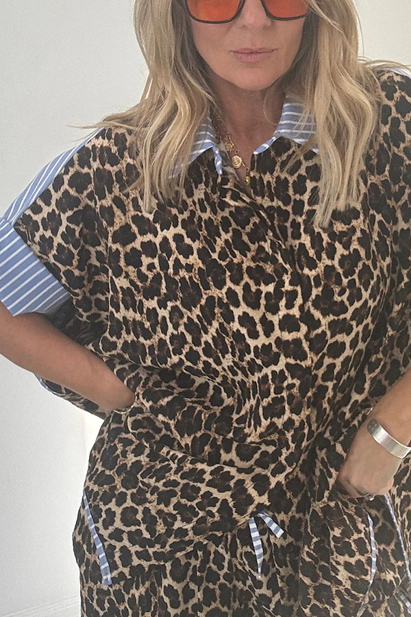 Comfortable Leopard Stripes Colorblock Print Oversized Shirt and Elastic Waist Pocket Loose Pants Set-Consonak