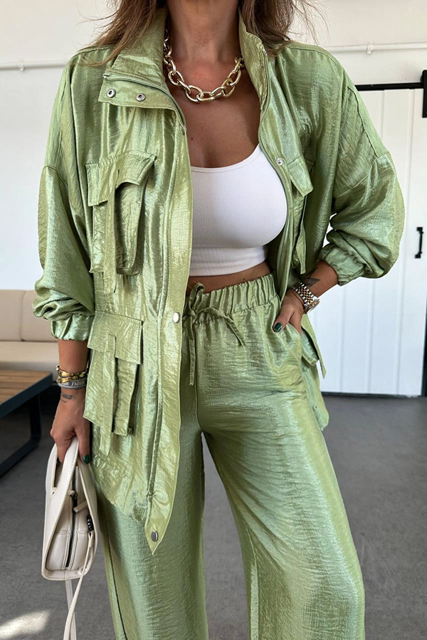 Easy on Me Metallic Fabric Flap Pocket Cargo Style Zipper Loose Jacket-consonak