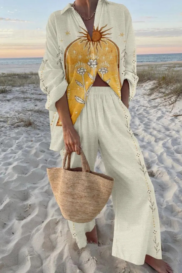 Sun-drenched Print Oversized Shirt and Elastic Waist Pocket Pants Set