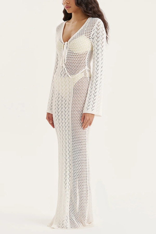 Solid Color Hollowed-out Long-sleeved V-neck Slim-fit Cover-up Maxi Dress-consonak