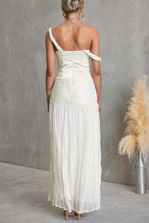 Zariyah Satin Bodice Asymmetric Neck Tie-up Waist Chiffon Hem Maxi Dress-consonak