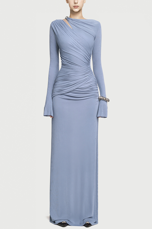 Stylish Long-sleeved Slim-fit Pleated Elegant Maxi Dress-consonak
