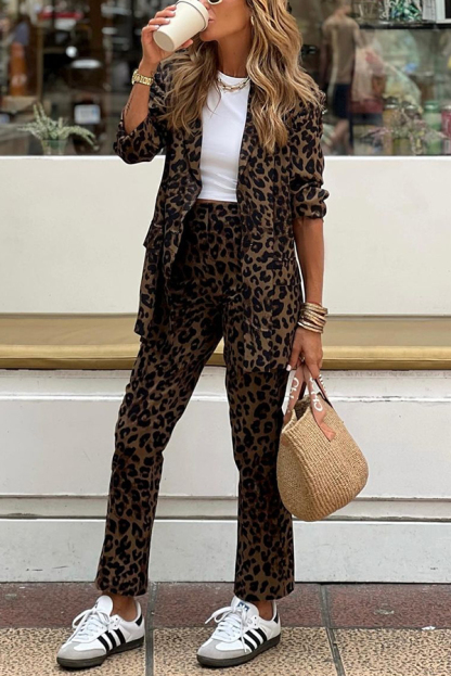 Wild Personality Leopard Pocket Relaxed Lapel Blazer and Elastic Waist Pants Set-consonak