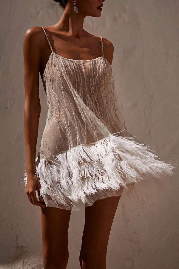 Fairy Lights Sequin Layered Feather Fringed Mesh Mini Dress | Consonak