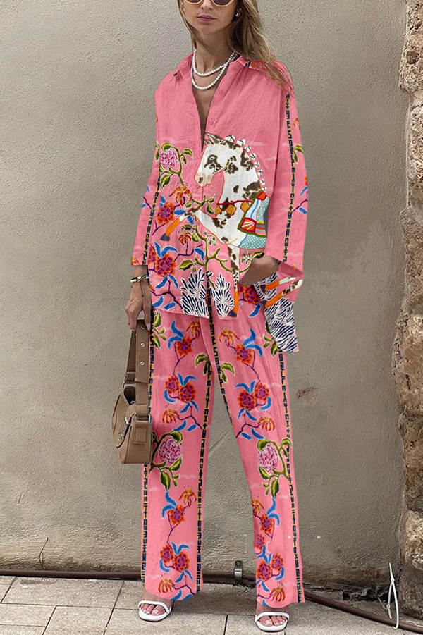 Horse Print Oversized Long Sleeved Shirt and Elastic Waist Pocket Pants Set-consonak