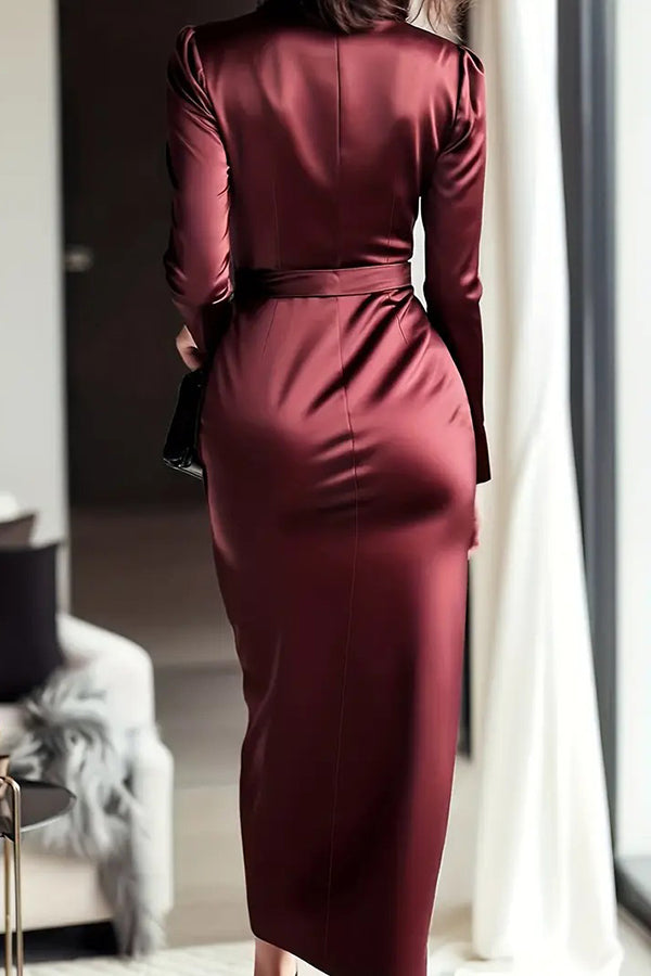 Solid Color Satin V-neck Long Sleeve Waist Tie Slim Midi Dress-consonak