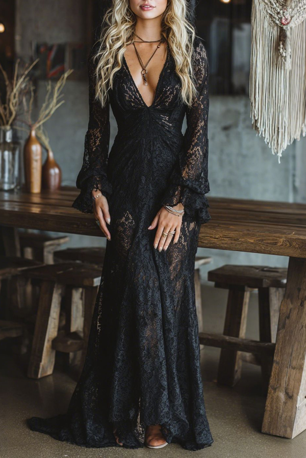 Fashionable Lace V-neck Long-sleeved Elegant Slim-fit Maxi Dress