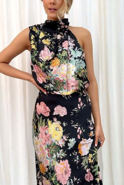 Wine Country Dates Floral Halter Neck Elastic Waist Party Midi Dress-consonak