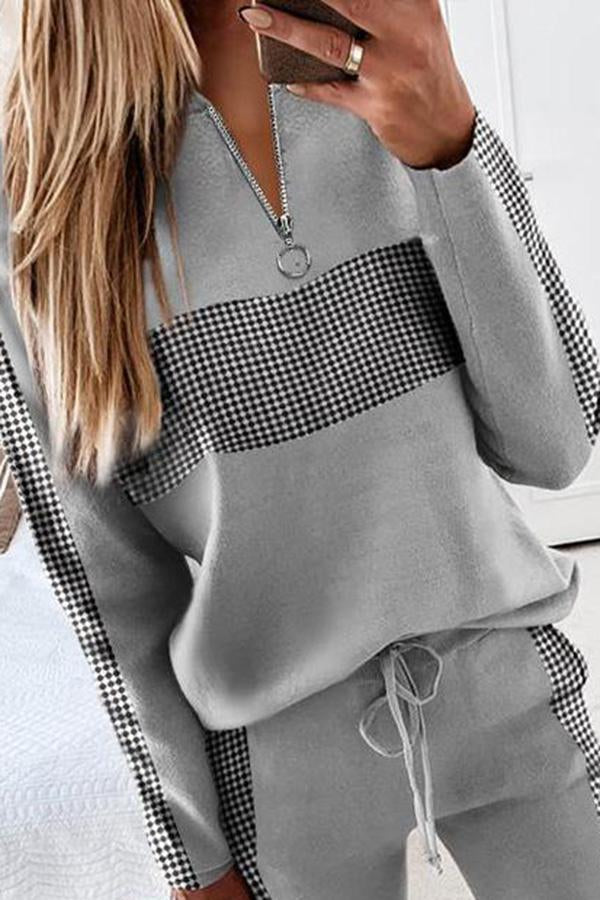 New Contrast Plaid Top & Drawstring Pants Set-consonak