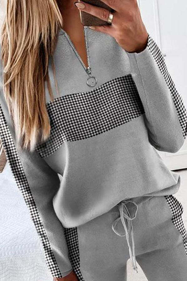 New Contrast Plaid Top & Drawstring Pants Set-consonak