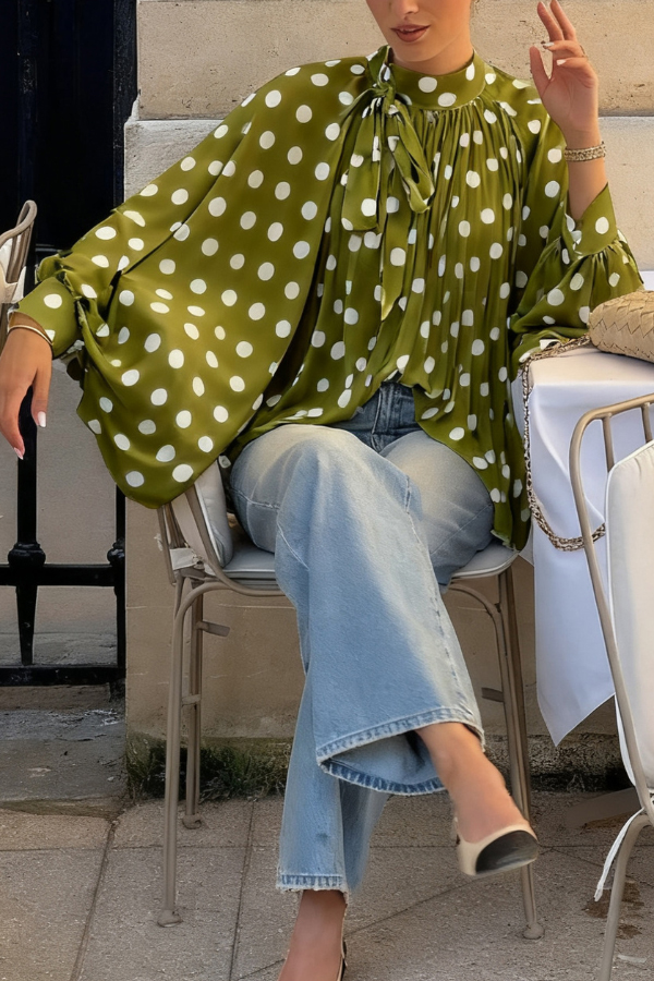 Polka Dot Print Tie-waist Lantern Sleeve Elegant Loose Shirt-consonak