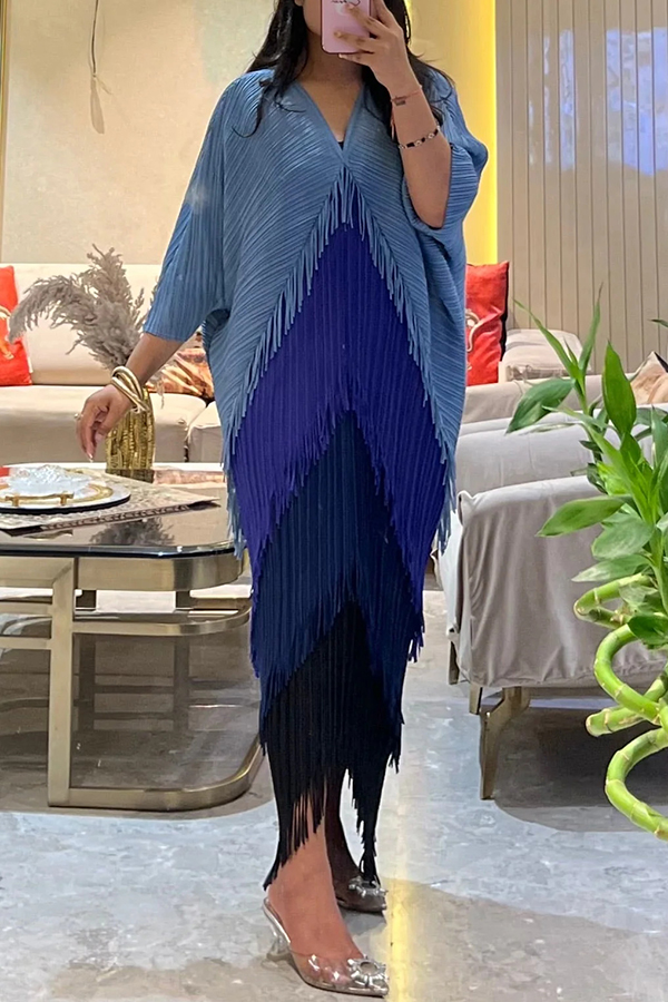 Fashionable Color-blocked Multi-layered Tassel Loose Midi Dress-consonak