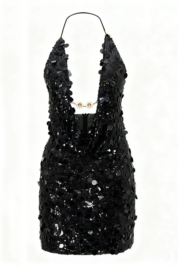 Sexy Halter Neck Sequined Open Back Mini Dress-consonak