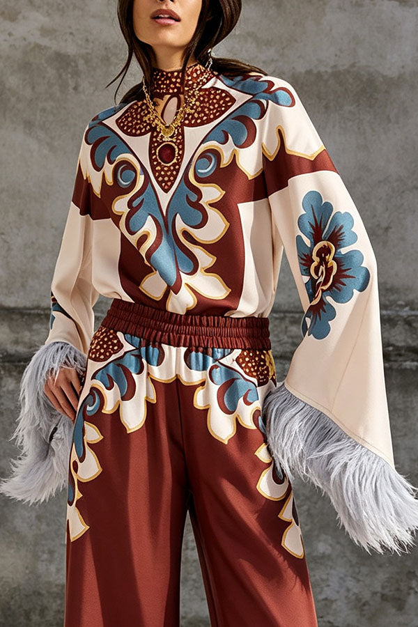 Bohemian Dreams Unique Print High Neck Feather Trim Bell Sleeve Top-Consonak