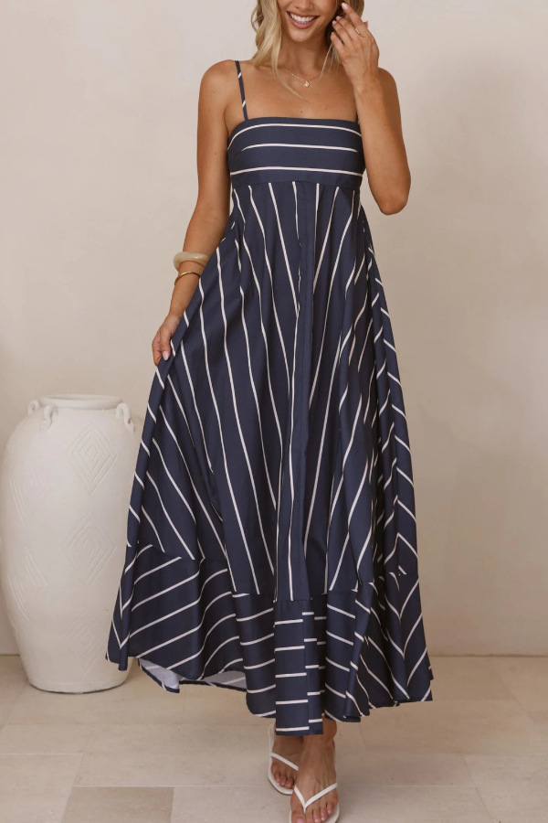 Striped Print Square Neck Spaghetti Strap High Waist Casual Maxi Dress-consonak