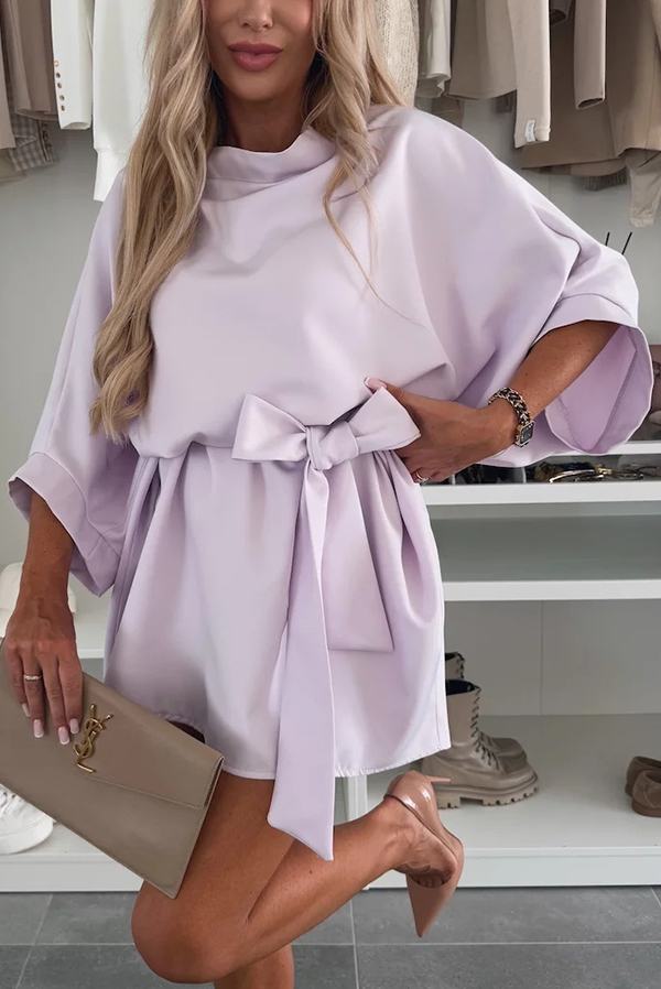 Solid Color Loose Round Neck Belted Mini Dress | Consonak