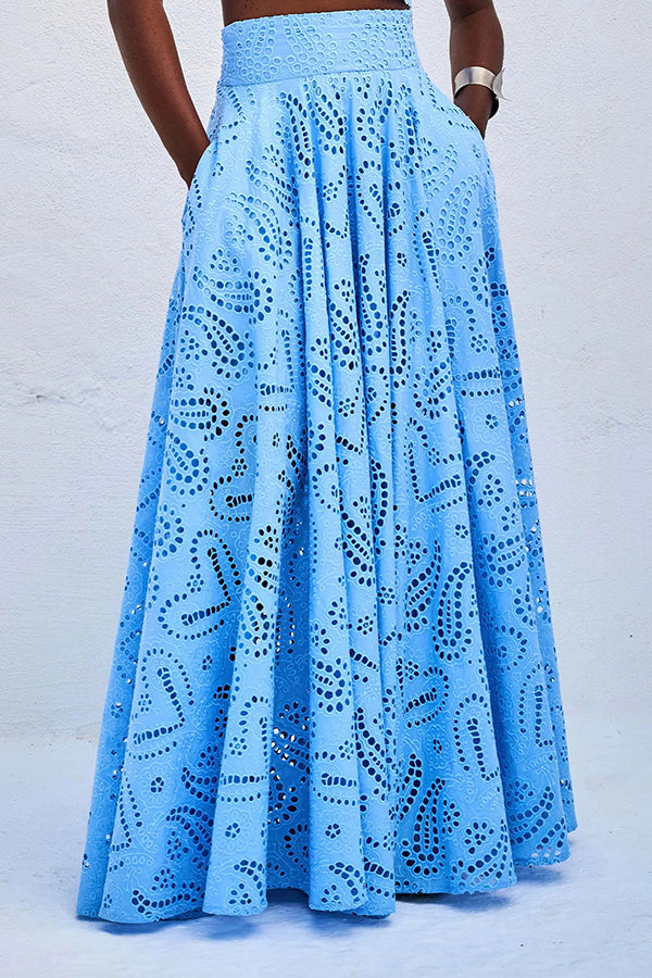 Paris Dreaming Embroidered Lace High Rise Elastic Waist Pocketed Maxi Skirt  | Consonak