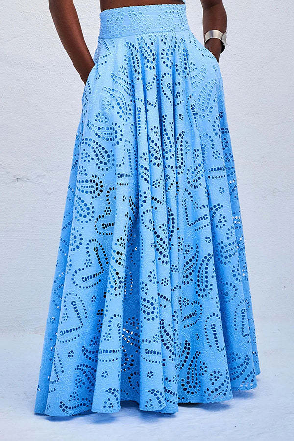 Paris Dreaming Embroidered Lace High Rise Elastic Waist Pocketed Maxi Skirt -consonak