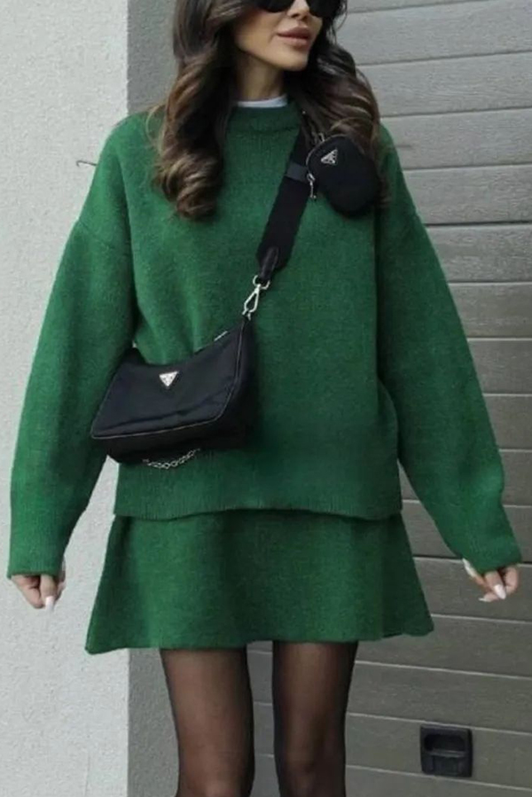 Solid Color Casual Preppy Knit Top and Knit Stretch Mini Skirt Set-consonak