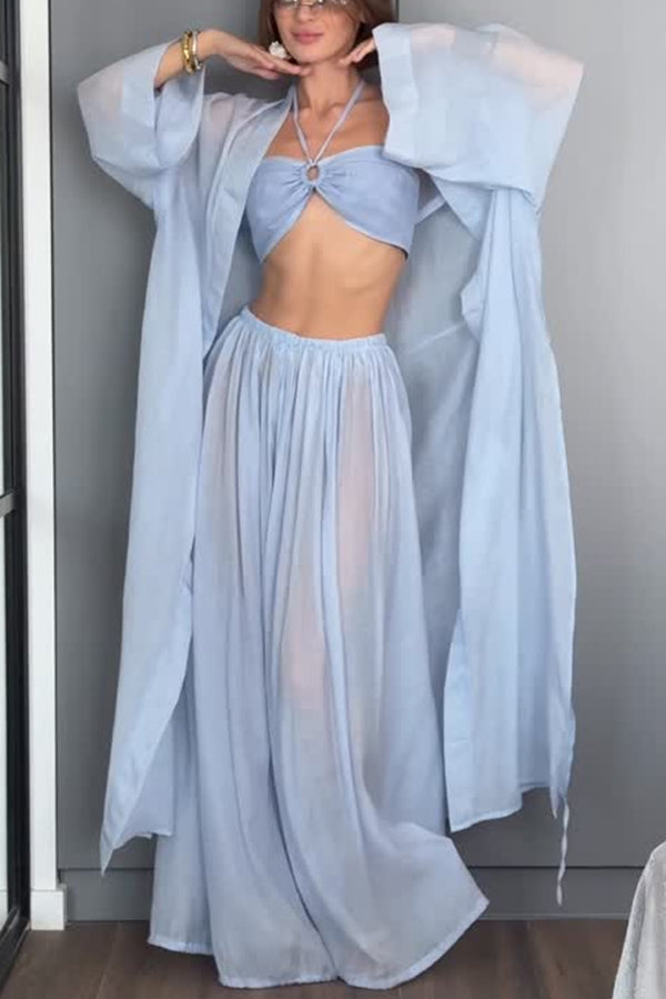Flowy Linen Blend Halter Tank & Elastic Waist Tie-up Wide Leg Pants & Kimono Cover-Ups 3pieces Set